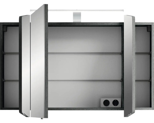 Offener Spiegelschrank mit drei Türen, Innenregalen und integrierter Beleuchtung