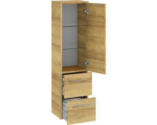 Hochschrank mit zwei Schubladen, einer Tür und Glasböden für das Badezimmer