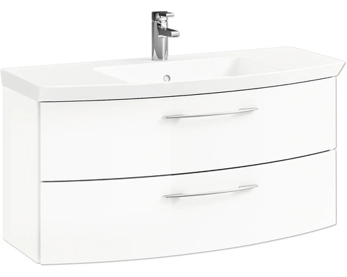 Weißer Waschbeckenunterschrank mit zwei Schubladen und Armatur