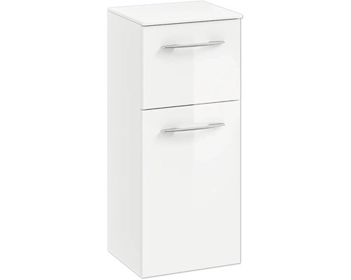 Weißer Waschtischunterschrank mit zwei Schubladen und Griffen.