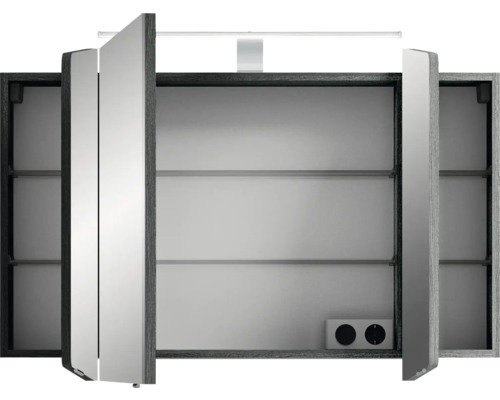 Offener Spiegelschrank mit Beleuchtung und Steckdosen