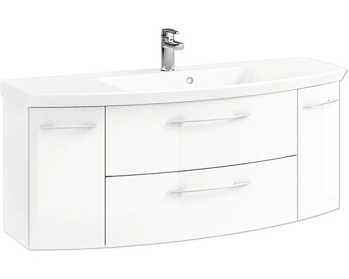 Weißer Waschtisch mit zwei Schubladen, zwei Türen und Armatur