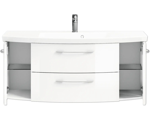 Waschtischunterschrank mit zwei Schubladen, offenen Türen und einem Waschbecken mit Armatur