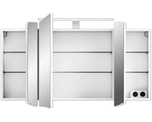 Offener Spiegelschrank mit drei Türen, Glasablagen und Beleuchtung