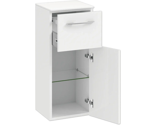 Weißer Waschtischunterschrank mit Schublade, Tür und Glasboden
