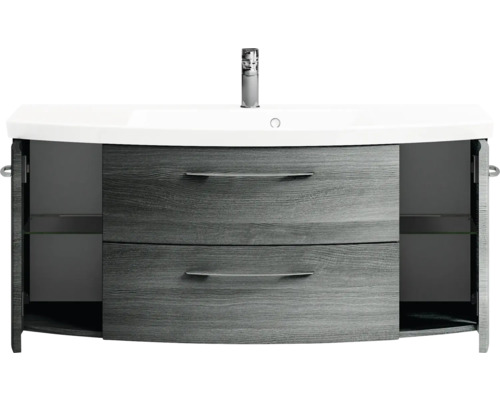 Waschtischunterschrank mit zwei Schubladen, offenen Türen und Regalböden