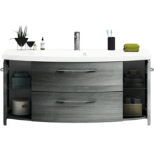 Badmöbel-Set Pelipal Sunline 104 BxHxT 151 x 200 x 50,5 cm Frontfarbe graphit struktur quer Badmöbelset 4-teilig mit Waschtisch Mineralmarmor weiß und Waschtischunterschrank Spiegelschrank mit LED-Beleuchtung Unterschrank