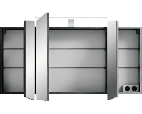 Spiegelschrank mit offenen Spiegeltüren, Innenregalen und integrierter Beleuchtung