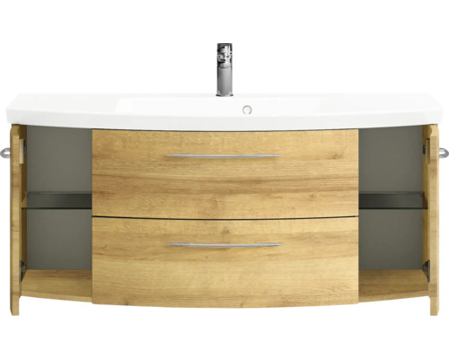 Waschtischunterschrank mit Waschbecken und zwei Schubladen mit geöffneten Türen.