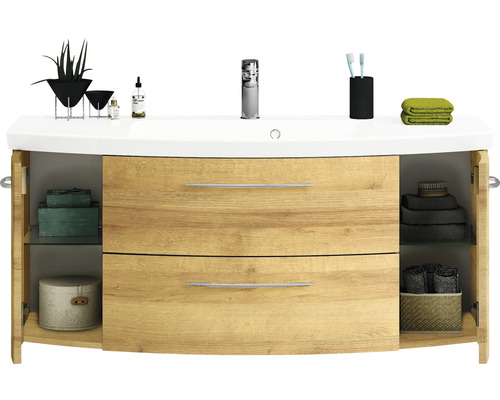 Waschtischunterschrank mit zwei Schubladen und offenen Fächern