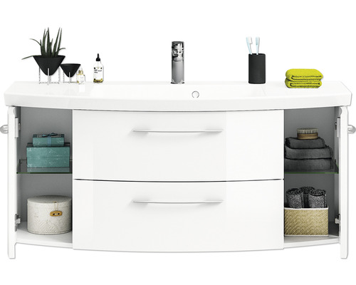 Weißer Waschtisch mit offenem Stauraum und zwei Schubladen im Badezimmer