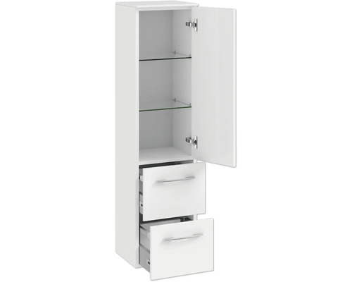 Weißer Badezimmer-Hochschrank mit Tür, zwei Schubladen und Glasböden