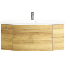 Badmöbel-Set Pelipal Sunline 104 BxHxT 151 x 200 x 50,5 cm Frontfarbe eiche riviera Badmöbelset 4-teilig mit Waschtisch Mineralmarmor weiß und Waschtischunterschrank Spiegelschrank mit LED-Beleuchtung Hochschrank