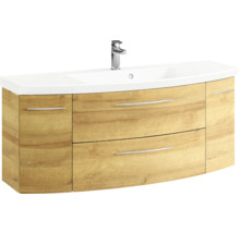 Badmöbel-Set Pelipal Sunline 104 BxHxT 151 x 200 x 50,5 cm Frontfarbe eiche riviera Badmöbelset 4-teilig mit Waschtisch Mineralmarmor weiß und Waschtischunterschrank Spiegelschrank mit LED-Beleuchtung Hochschrank