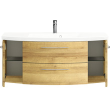 Badmöbel-Set Pelipal Sunline 104 BxHxT 151 x 200 x 50,5 cm Frontfarbe eiche riviera Badmöbelset 4-teilig mit Waschtisch Mineralmarmor weiß und Waschtischunterschrank Spiegelschrank mit LED-Beleuchtung Hochschrank