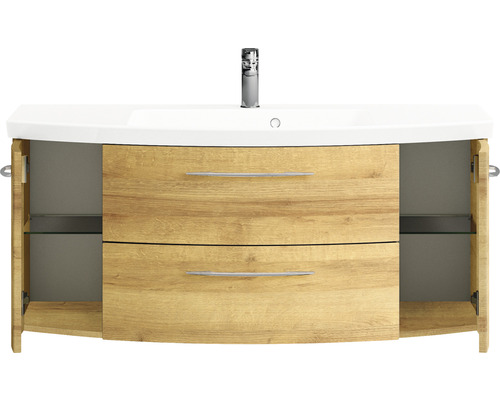 Waschtischunterschrank mit zwei Schubladen, zwei Türen, einem Waschbecken und einem Wasserhahn