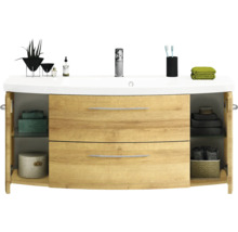 Badmöbel-Set Pelipal Sunline 104 BxHxT 151 x 200 x 50,5 cm Frontfarbe eiche riviera Badmöbelset 4-teilig mit Waschtisch Mineralmarmor weiß und Waschtischunterschrank Spiegelschrank mit LED-Beleuchtung Hochschrank