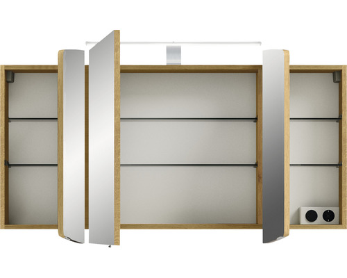 Spiegelschrank mit Beleuchtung, Steckdosen und Glasböden