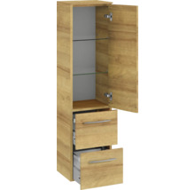 Badmöbel-Set Pelipal Sunline 104 BxHxT 151 x 200 x 50,5 cm Frontfarbe eiche riviera Badmöbelset 4-teilig mit Waschtisch Mineralmarmor weiß und Waschtischunterschrank Spiegelschrank mit LED-Beleuchtung Hochschrank
