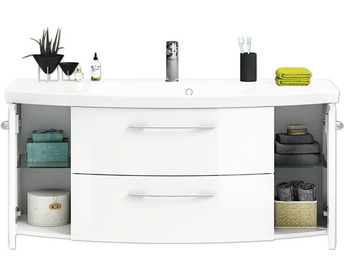 Weißer Waschtischunterschrank mit zwei Schubladen und offenen Fächern