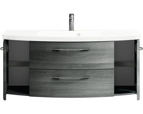 Waschtisch mit zwei Schubladen, zwei offenen Türen und einem Waschbecken