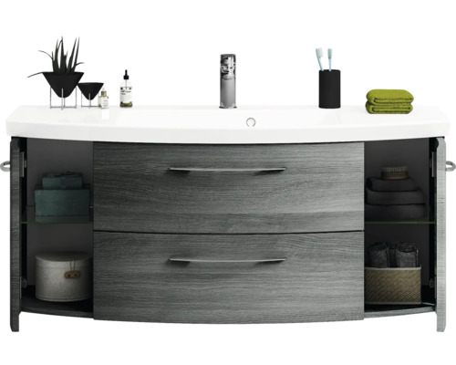 Waschtischunterschrank mit zwei Schubladen, Türen und Ablageflächen für das Badezimmer