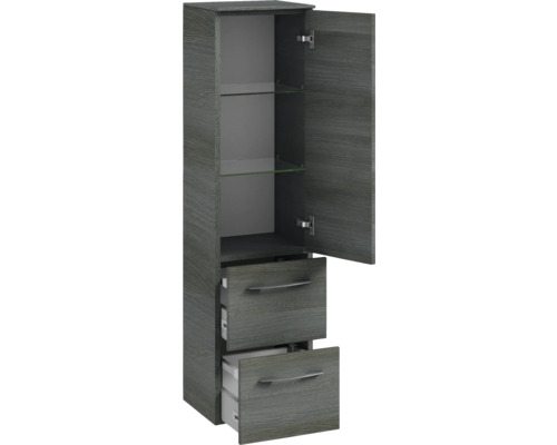 Hochschrank mit einer Tür, zwei Schubladen und zwei Glasböden für das Badezimmer