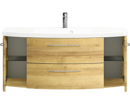 Waschtischunterschrank mit zwei Schubladen, offenen Türen und Glaseinlegeböden