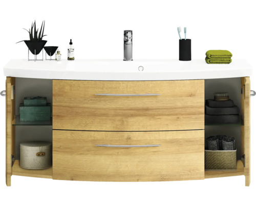 Waschtischunterschrank mit Waschbecken, zwei Schubladen und Stauraum hinter Türen