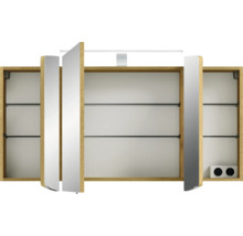 Spiegelschrank mit Holzeinfassung, Spiegeltüren, Glasböden und Beleuchtung