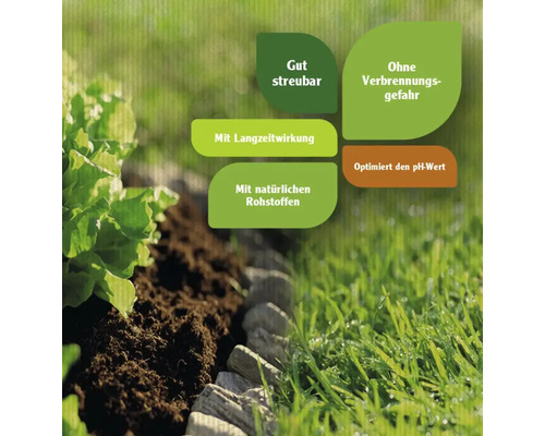 Gartenproduktmerkmale: Gut streubar, Langzeitwirkung, natürliche Rohstoffe, keine Verbrennungsgefahr, optimierter pH-Wert