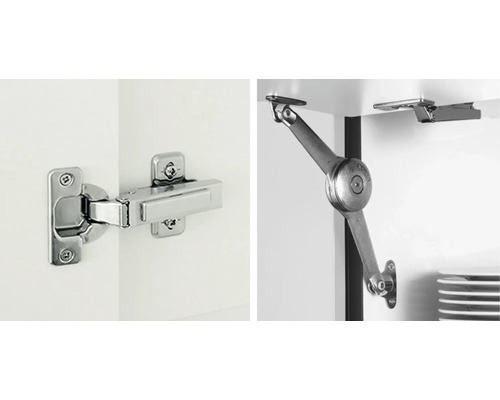 Scharniere und Klappenbeschläge an Möbeln.