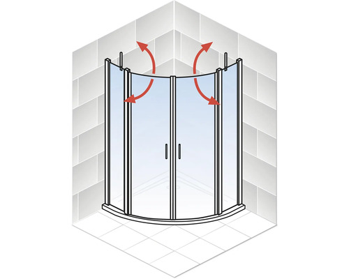 Duschkabine mit Flügeltüren und Pfeilen zur Darstellung des Öffnungsbereichs.