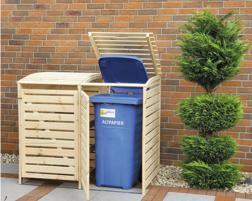 Mülltonnenbox aus Holz mit geöffnetem Deckel und Mülltonne