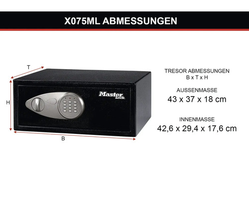 Master Lock Tresor mit elektronischem Schloss, Abmessungen dargestellt