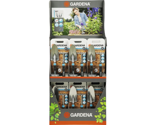 Verkaufsaufsteller mit Gardena 3-in-1 Gartengerätesets mit Schaufel, Harke und Pflanzkelle
