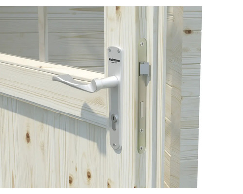 Türbeschlag mit Griff und Schloss an einer Holztür