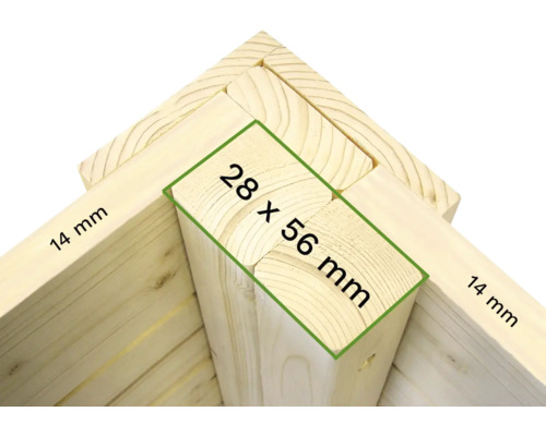Detailansicht eines Holzrahmens mit den Maßen 28 x 56 Millimeter und 14 Millimeter