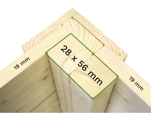Detailansicht einer Holzkonstruktion mit den Maßen 28 x 56 Millimeter und 19 Millimeter.