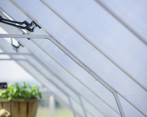 Innenansicht eines Gewächshauses mit Metallrahmen und transparenten Paneelen