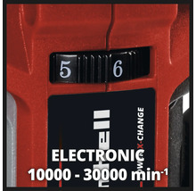Einhell Werkzeug Detailaufnahme mit Geschwindigkeitsregler zwischen 5 und 6 und Elektronik-Hinweis 10000 bis 30000 Umdrehungen pro Minute