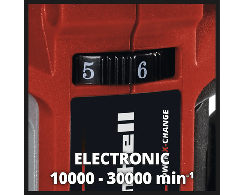 Einhell Werkzeug Detailaufnahme mit Geschwindigkeitsregler zwischen 5 und 6 und Elektronik-Hinweis 10000 bis 30000 Umdrehungen pro Minute