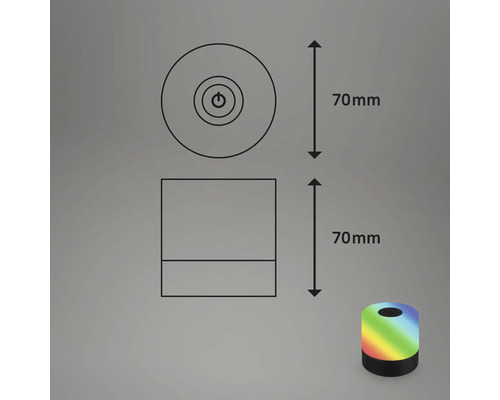 Produktabbildung mit Maßangaben: Höhe 70 mm, Durchmesser 70 mm