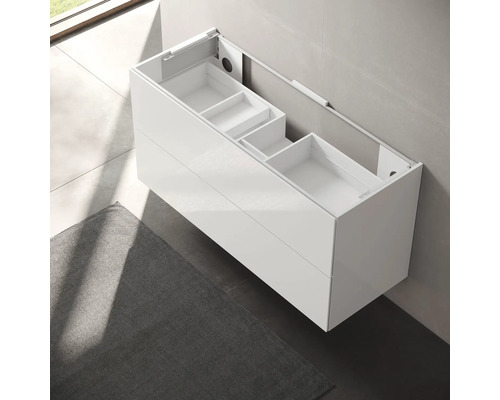 Weißer Waschtischunterschrank mit zwei Schubladen und offenen Fächern für Badezimmer