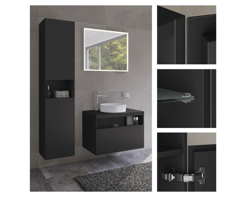Modernes Badezimmerensemble mit Waschtisch, Aufsatzwaschbecken, Spiegelschrank und Hochschrank