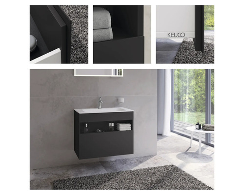 Badezimmer mit Waschbeckenunterschrank, Waschtisch, Spiegel und Accessoires