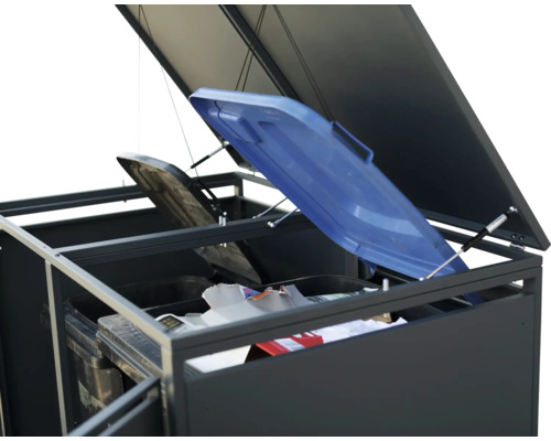 Mülltonnenbox mit geöffneten Deckeln und Mülltonnen