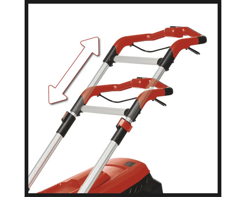 Verstellbarer Griff einer Gartenfräse mit Pfeil nach unten.