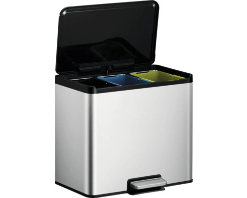 Abfalleimer aus Edelstahl mit drei Fächern und Tretpedal