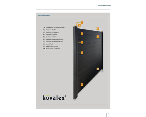 Abbildung eines Kovalex Sichtschutzelements mit Montageübersicht und Detailansicht der Aluminium Pfosten, Profile, Abdeckkappen und Schrauben.
